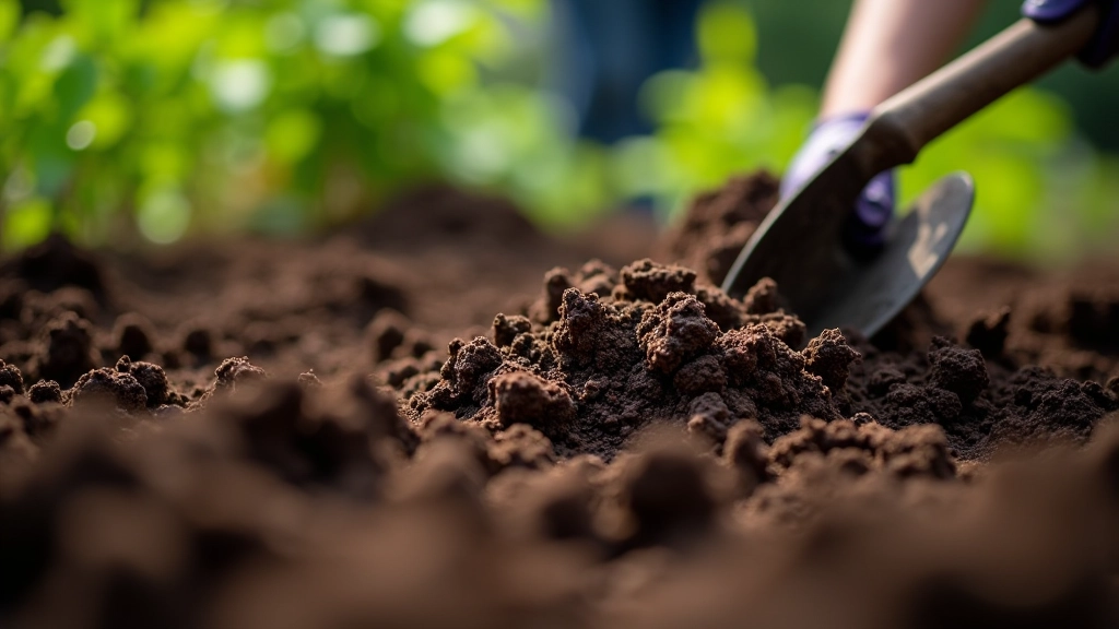 Garden soil being prepared with compost and tools for hedgerow planting
