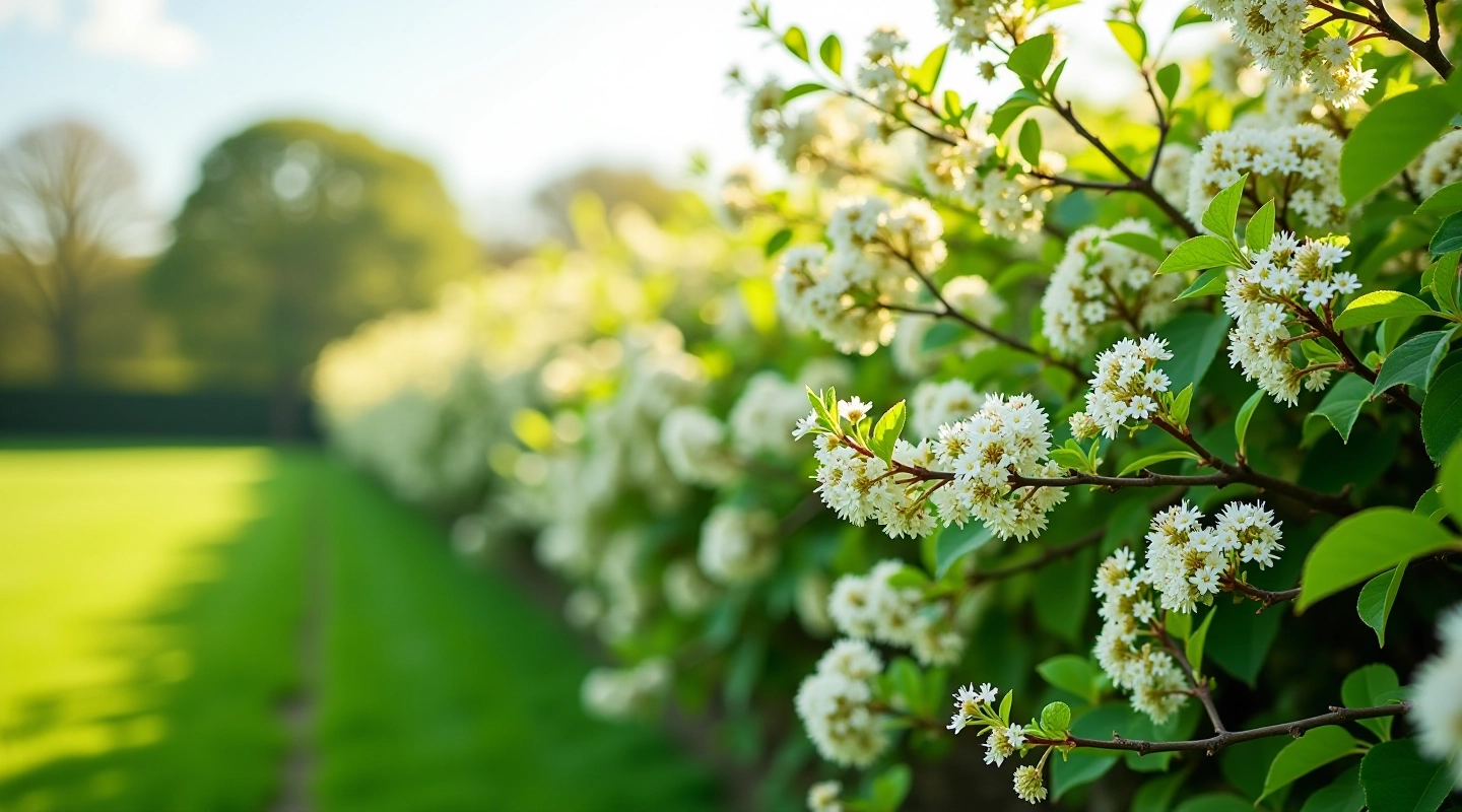 Dense native whitethorn hedgerow in full bloom with white flowers and green foliage
