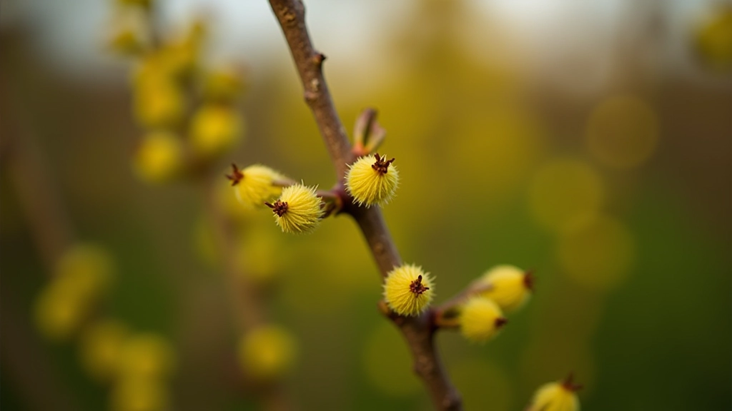 Mature hazel hedgerow showing golden catkins in early spring before leaves emerge