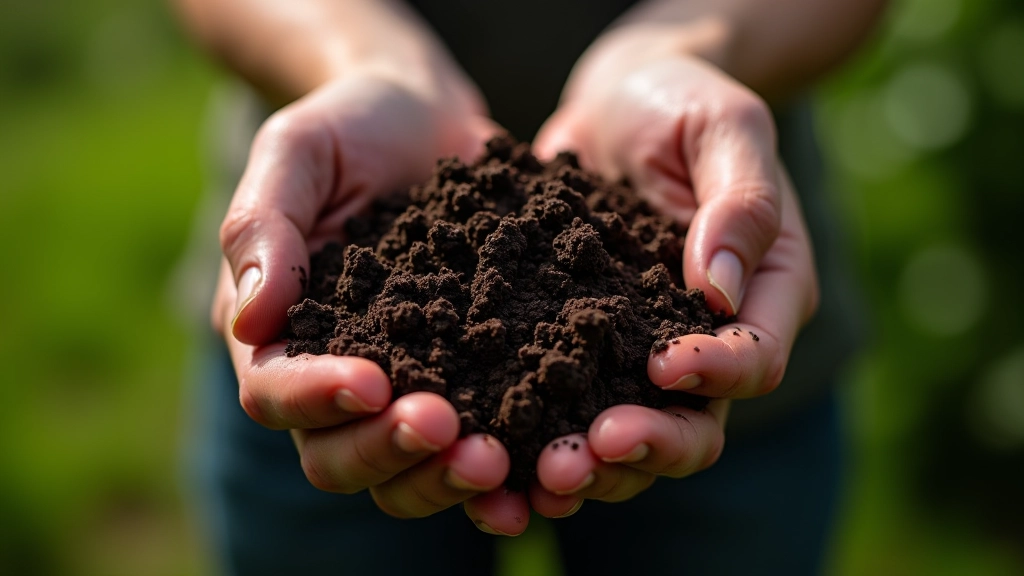 Close-up of rich dark soil with organic matter, hands holding prepared earth for hedgerow planting