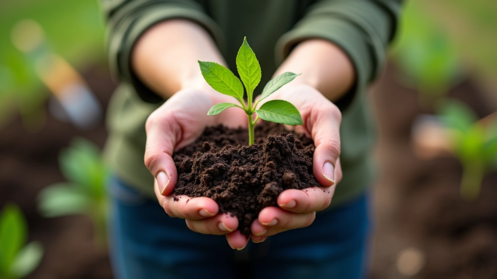 Hands holding soil with young hedgerow saplings ready for planting in garden setting
