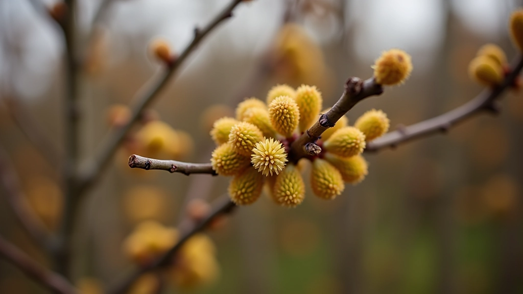 Hazel catkins in late winter, showing fuzzy golden-brown male flowers hanging from bare branches, early spring buds visible