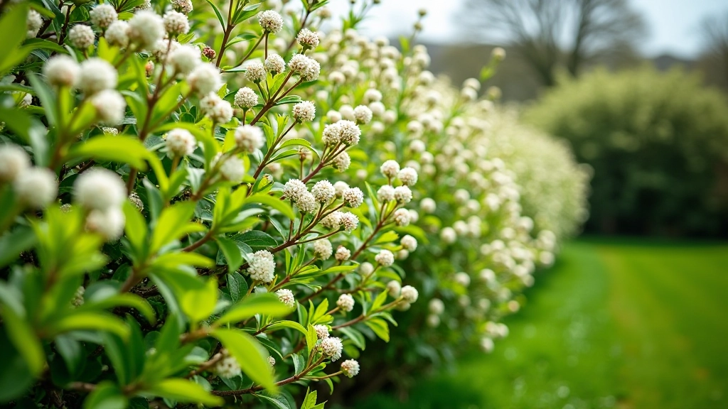 Whitethorn hedgerow with abundant white blossoms in spring, fresh green foliage, bright daylight