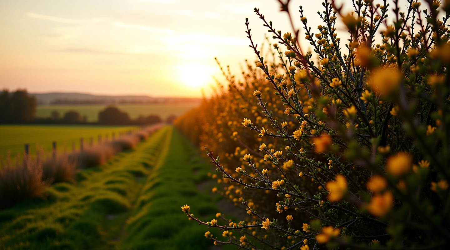 Native whitethorn and hazel hedgerow in a rural Tipperary garden with mature plants